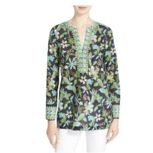 Tory Burch Garden Wisteria Blue Floral Print Embellished Tunic Top Overs…
